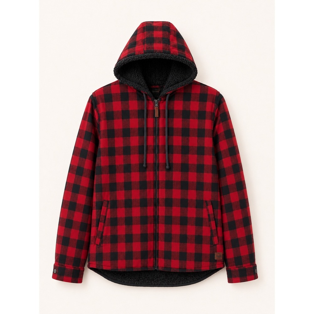 LL Bean Hooded Jacket Women Large L Red Buffalo Plaid Sherpa Lined Gorpcore